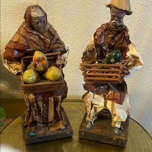 Folk Art Paper Mache Figures Handcrafted Figurine Set with Fruit Baskets